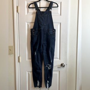 Forever 21 deep blue distressed denim jeans overalls jumpsuit long stretchy 29